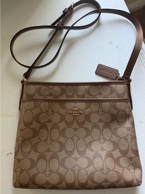 Coach Brown Leather Logo Tag with Gold Chain